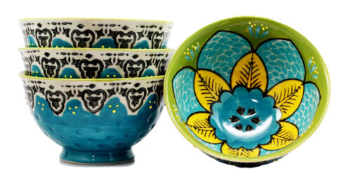 ebros gift Ebros Set of 4 Luxury Ottoman Style Textured Dining Bowls 5.75"Diameter Made Of Ceramic Ideal For Home Decor Dinnerware & Giftware (Turquoise Blossom)
