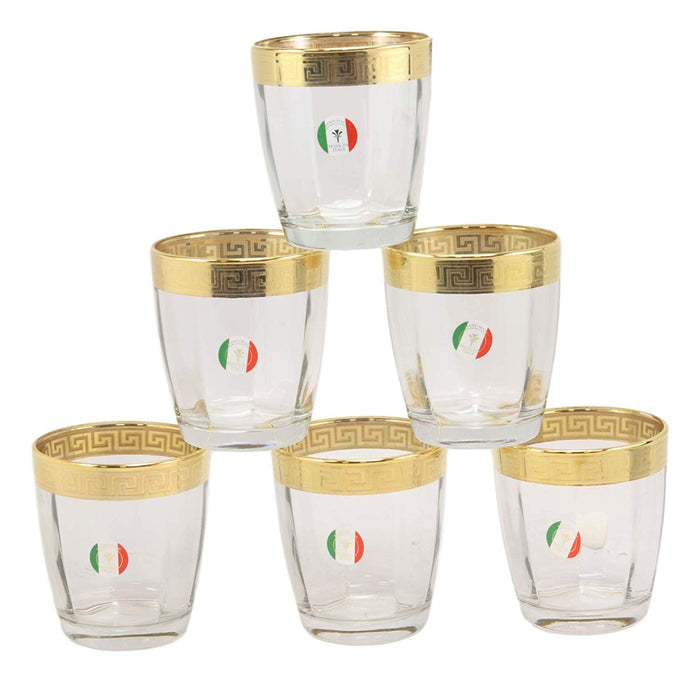 Ebros Gift Ebros Set Of 6 Italian Import Elegant DOF Double Old Fashioned Tumbler Glass With 14k Gold Plated Classical Greek Key Greca Border Rim Accent 12oz Bartending Cocktail Glassware Lowball Rocks Glasses