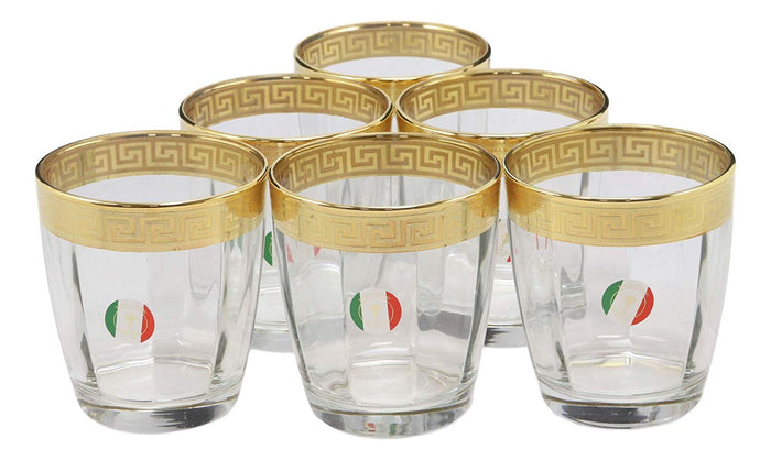 Ebros Gift Ebros Set Of 6 Italian Import Elegant DOF Double Old Fashioned Tumbler Glass With 14k Gold Plated Classical Greek Key Greca Border Rim Accent 12oz Bartending Cocktail Glassware Lowball Rocks Glasses