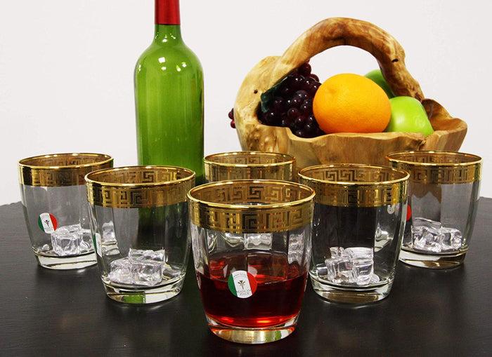 ebros gift Ebros Set of 6 Italian Import Elegant DOF Double Old Fashioned Tumbler Glass With 14k Gold Plated Classical Greek Key Greca Border Rim Accent 12oz Bartending Cocktail Glassware Lowball Rocks Glasses