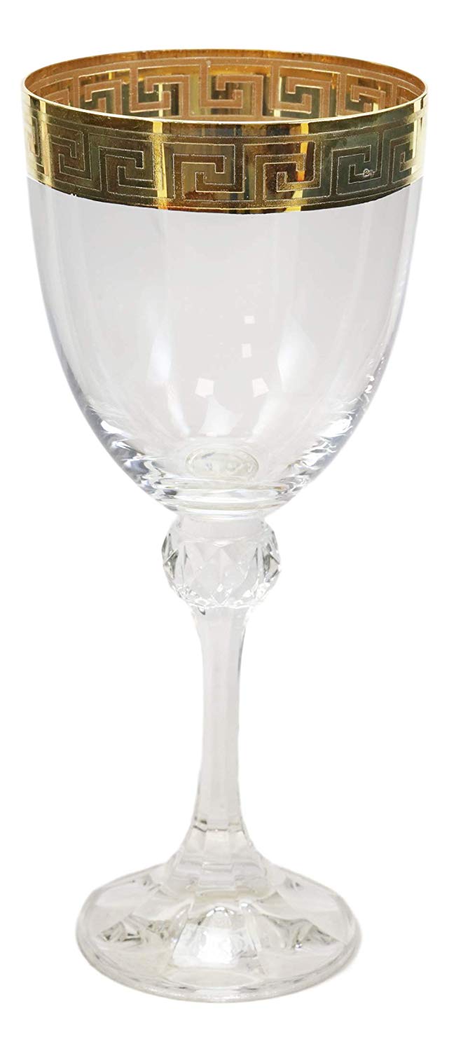 Ebros Gift Ebros Set Of 6 Italian Wine Glasses Gold Plated Greek Key Border Rim & Stem Base