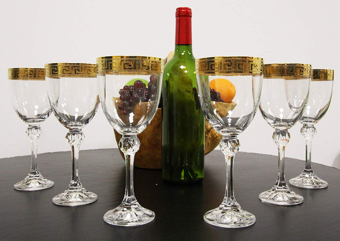 ebros gift Ebros Set of 6 Italian Wine Glasses Gold Plated Greek Key Border Rim & Stem Base