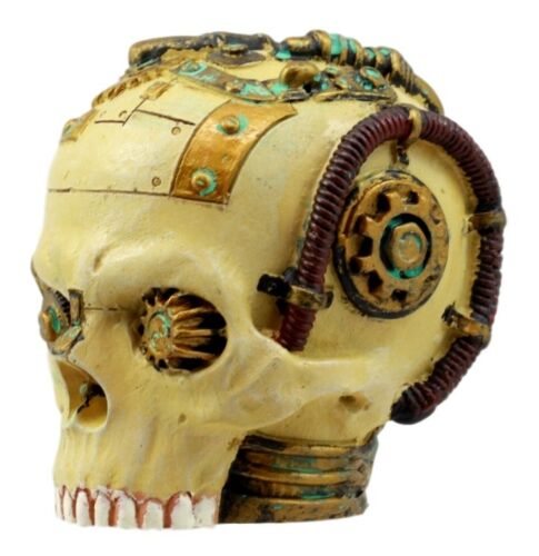 ebros gift Ebros Severed Steampunk Cyborg Skull Figurine 3"H Robotic Skull With Painted Gear Work