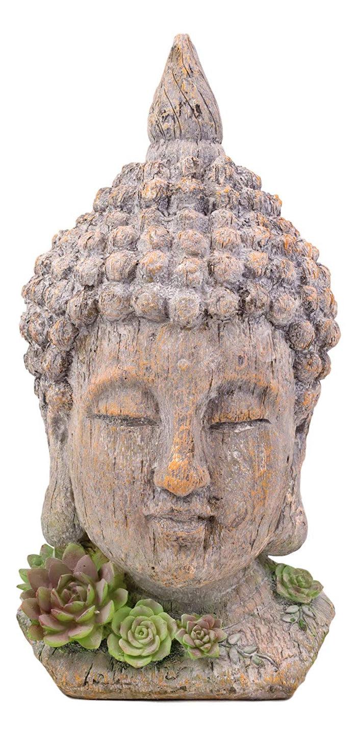 Ebros Gift Ebros Shakyamuni Buddha Gautama Ushnisha Head With Floral Succulents Statue 14.75" Tall In Aged Rustic Faux Wood Finish Amitabha Buddhism Bodhisattva Figurine Feng Shui Zen Altar Decoration