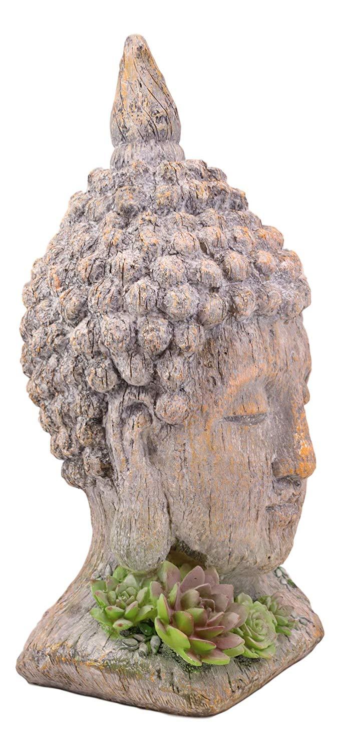 Ebros Gift Ebros Shakyamuni Buddha Gautama Ushnisha Head With Floral Succulents Statue 14.75" Tall In Aged Rustic Faux Wood Finish Amitabha Buddhism Bodhisattva Figurine Feng Shui Zen Altar Decoration