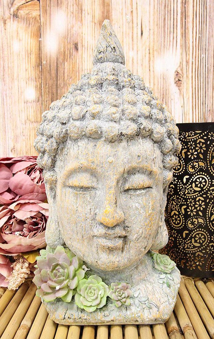 ebros gift Ebros Shakyamuni Buddha Gautama Ushnisha Head with Floral Succulents Statue 14.75" Tall in Aged Rustic Faux Wood Finish Amitabha Buddhism Bodhisattva Figurine Feng Shui Zen Altar Decoration