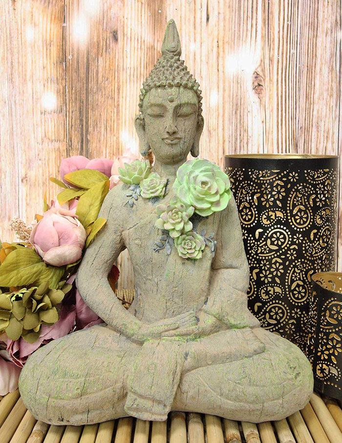 ebros gift Ebros Shakyamuni Buddha With Ushnisha Head And Floral Succulents Statue 15" Tall