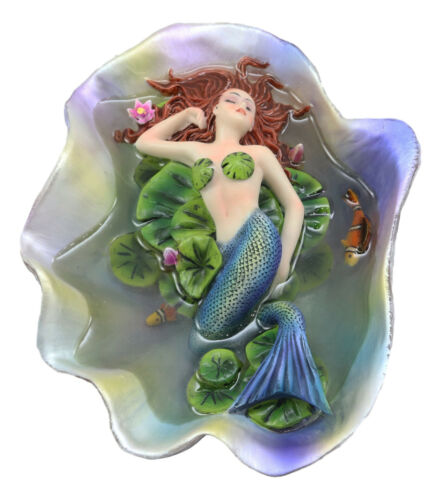 ebros gift Ebros Sheila Wolk Elan Vital Sculpture Red Haired Mermaid Sleeping On Water Lilies With Koi Fishes In A Giant Clam Shell Pond Figurine Fantasy Mermaids Pirates Sirens Decor Statue 6.75"Long
