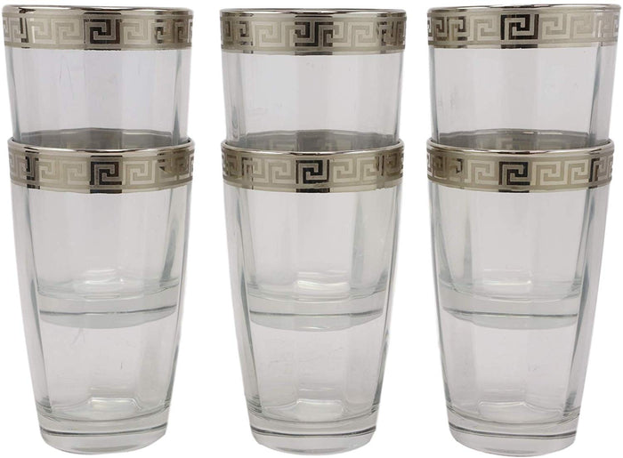 Ebros Gift Ebros Silver Accented Meander Greek Fret Key Rim 16oz Highball Glass Set Of 6
