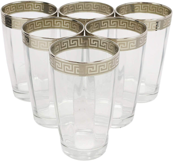 ebros gift Ebros Silver Accented Meander Greek Fret Key Rim 16oz Highball Glass Set of 6