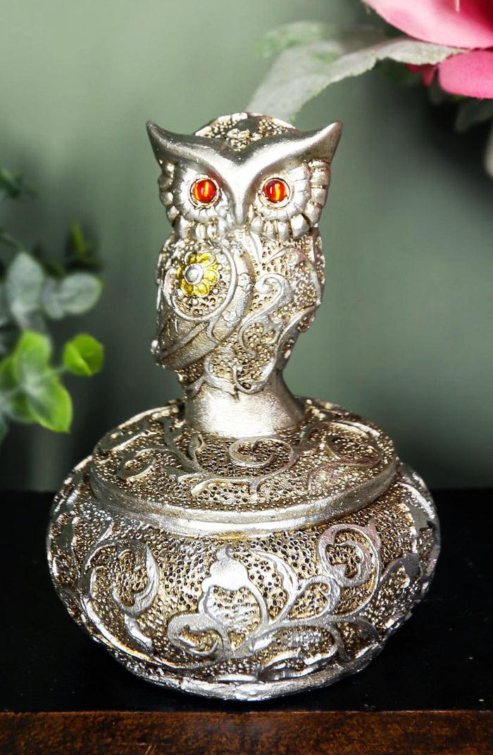 ebros gift Ebros Silver And Bronze Steampunk Owl With Red Gemstone Eyes Jewelry Trinket Box