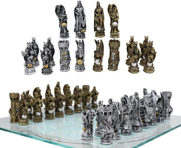 Ebros Gift Ebros Silver And Gold King Arthur Merlin Dragons Chess Pieces With Board Set