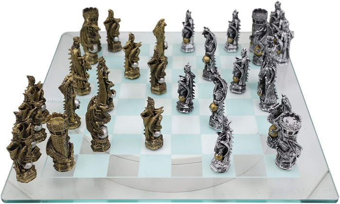 Ebros Gift Ebros Silver And Gold King Arthur Merlin Dragons Chess Pieces With Board Set