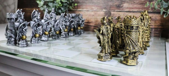 ebros gift Ebros Silver and Gold King Arthur Merlin Dragons Chess Pieces with Board Set
