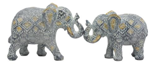 Ebros Gift Ebros Silver And Gold Patterned Elephant Statue 5.25" Long Feng Shui Elephant Figurine Symbol Of Wisdom Fortune And Protection (Mother And Calf Elephants Set)
