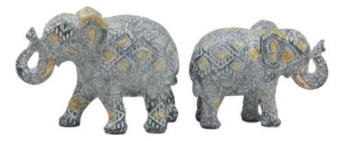 Ebros Gift Ebros Silver And Gold Patterned Elephant Statue 5.25" Long Feng Shui Elephant Figurine Symbol Of Wisdom Fortune And Protection (Mother And Calf Elephants Set)