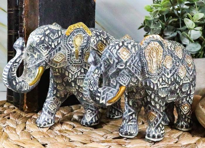 ebros gift Ebros Silver and Gold Patterned Elephant Statue 5.25" Long Feng Shui Elephant Figurine Symbol of Wisdom Fortune and Protection (Mother and Calf Elephants Set)