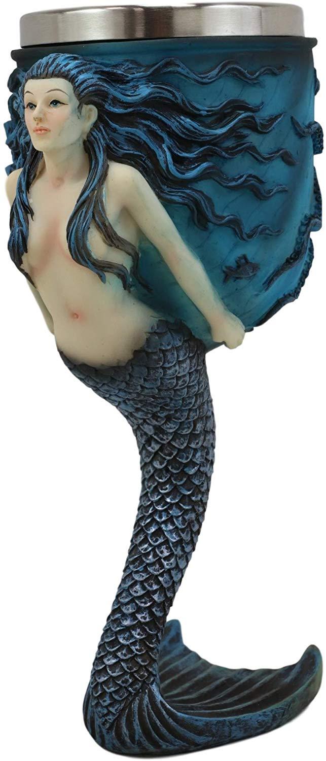 Ebros Gift Ebros Sirens Of The Sea Blue Mermaid Octopus With Tail Fin Stem Wine Goblet