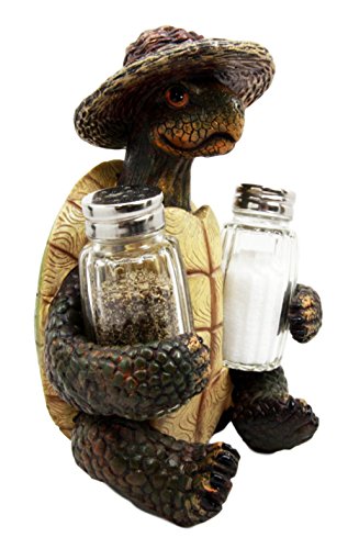 Ebros Gift Ebros Slow Seasons Camping Turtle With Wicker Hat Salt And Pepper Shakers 7"H