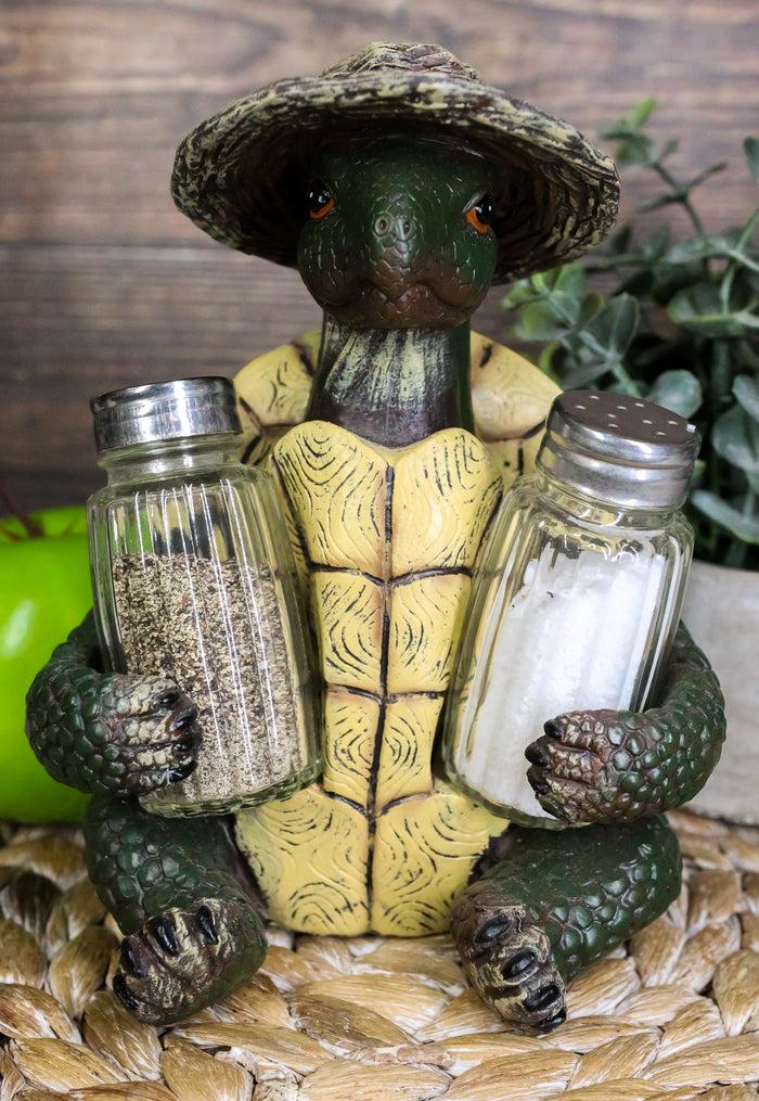 ebros gift Ebros Slow Seasons Camping Turtle With Wicker Hat Salt And Pepper Shakers 7"H
