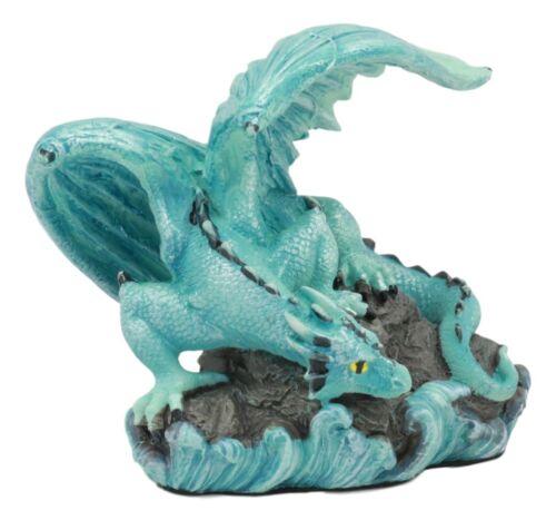 Ebros Gift Ebros Small Aqua Blue Whimsical Dragon On Ocean Rock Statue 3.75"Long Fantasy