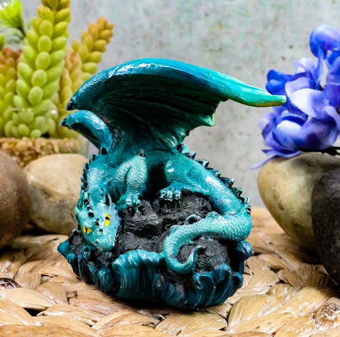 ebros gift Ebros Small Aqua Blue Whimsical Dragon On Ocean Rock Statue 3.75"Long Fantasy