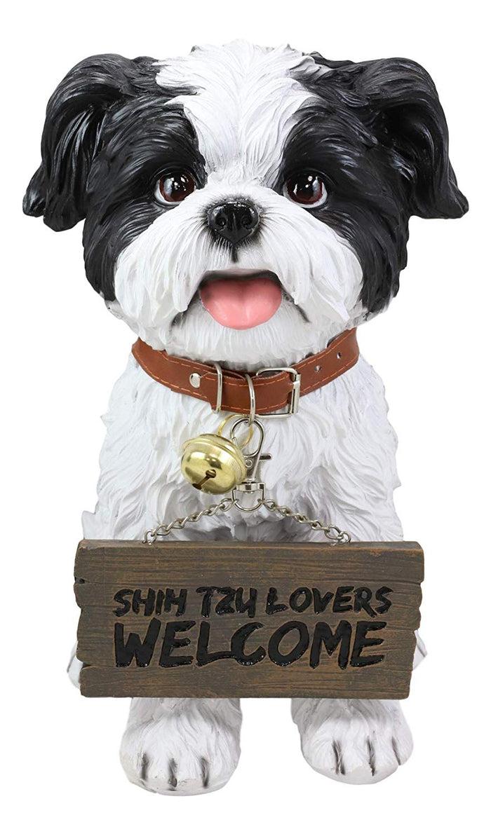 Ebros Gift Ebros- Small But Sassy - Adorable Black & White Shih Tzu Puppy Dog Sitting Figure With Reversible Welcome Sign Home Accent Patio Sculpture Garden Décor 11-inch