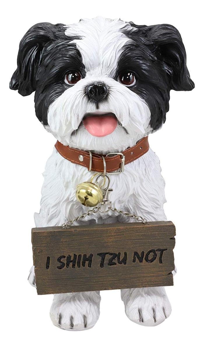 Ebros Gift Ebros- Small But Sassy - Adorable Black & White Shih Tzu Puppy Dog Sitting Figure With Reversible Welcome Sign Home Accent Patio Sculpture Garden Décor 11-inch