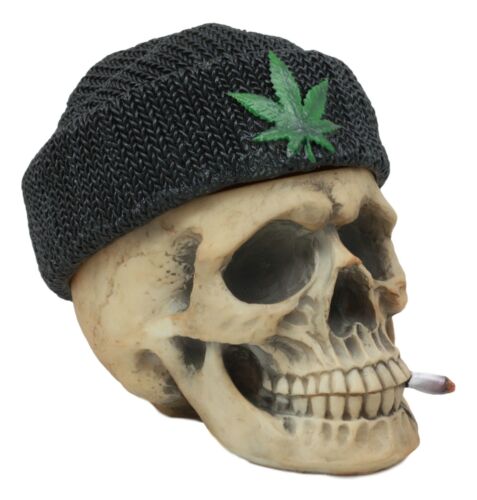 Ebros Gift Ebros Smoking Human Skull With Leaf Beanie Hat Ashtray Jewelry Box 6.5" Long