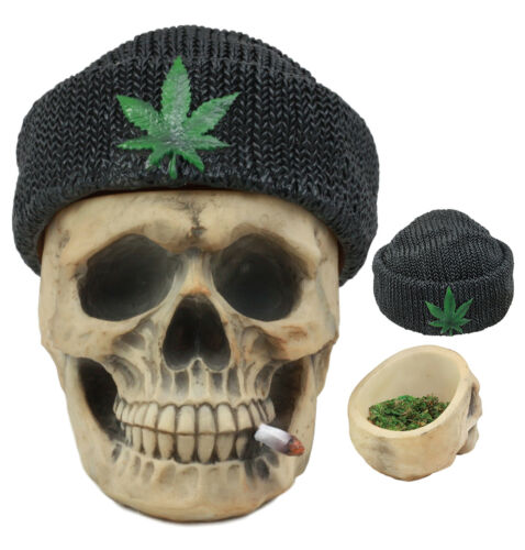 Ebros Gift Ebros Smoking Human Skull With Leaf Beanie Hat Ashtray Jewelry Box 6.5" Long
