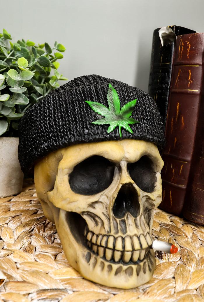 ebros gift Ebros Smoking Human Skull with Leaf Beanie Hat Ashtray Jewelry Box 6.5" Long