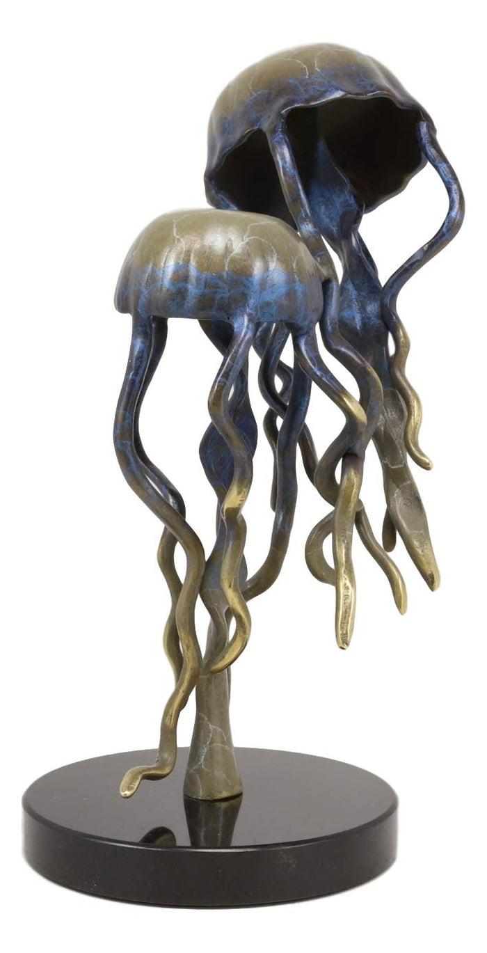 Ebros Gift Ebros Solid Brass Colorful Nautical Pacific Ocean Jellyfish Pair Floating In The Sea Statue With Marble Base 10.25" Tall Museum Gallery Quality Marine Accent Coastal Decorative Figurine