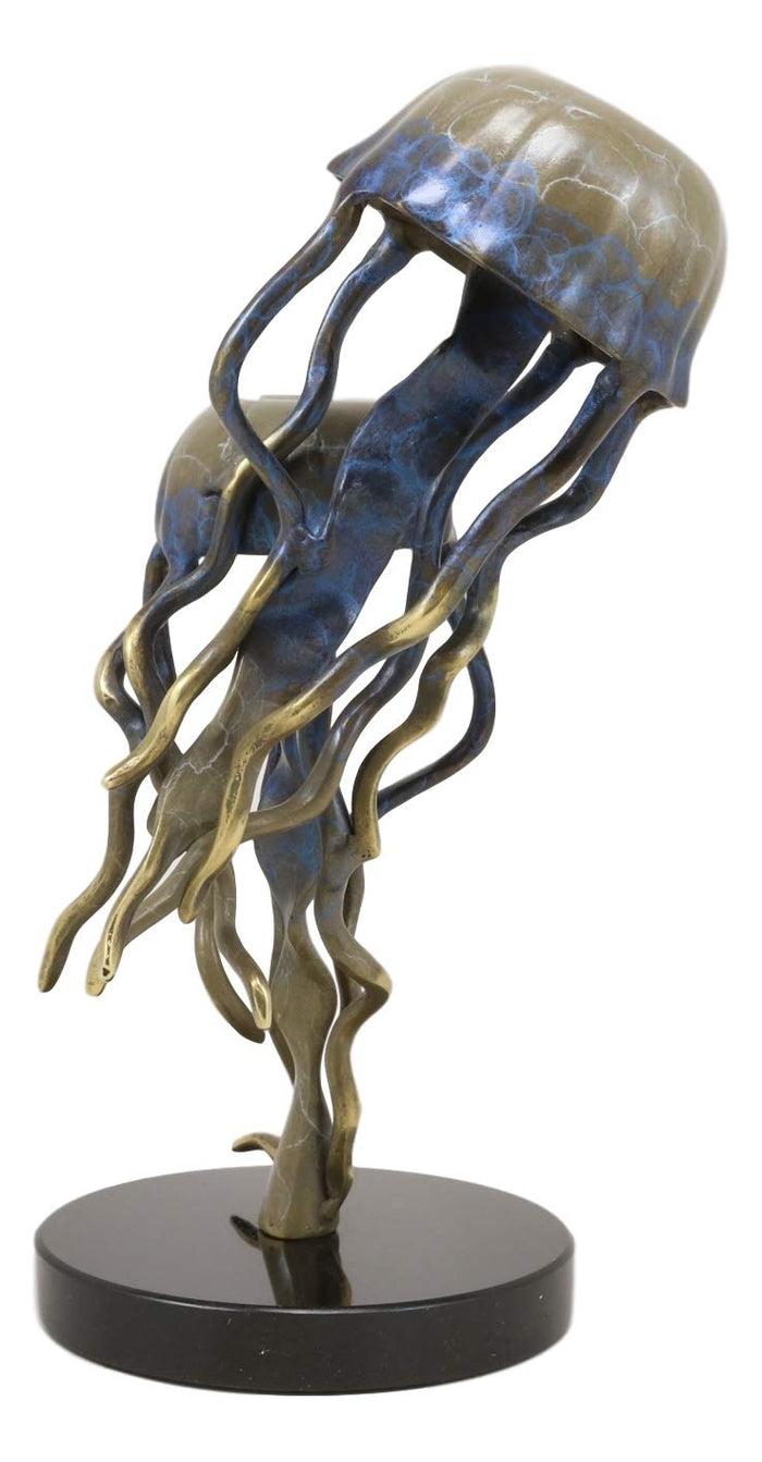 Ebros Gift Ebros Solid Brass Colorful Nautical Pacific Ocean Jellyfish Pair Floating In The Sea Statue With Marble Base 10.25" Tall Museum Gallery Quality Marine Accent Coastal Decorative Figurine
