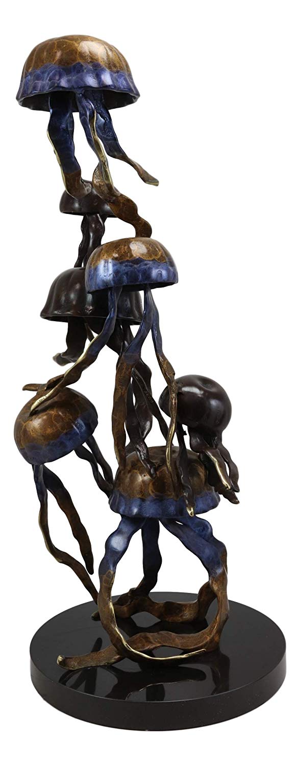 Ebros Gift Ebros Solid Brass Large Colorful Nautical Pacific Ocean Jellyfish Sextet Swarm Floating In The Sea Statue With Marble Base 17.75" Tall Museum Gallery Quality Marine Accent Coastal Decorative Figurine