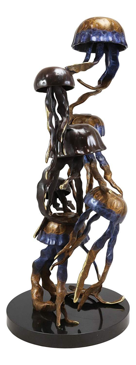 Ebros Gift Ebros Solid Brass Large Colorful Nautical Pacific Ocean Jellyfish Sextet Swarm Floating In The Sea Statue With Marble Base 17.75" Tall Museum Gallery Quality Marine Accent Coastal Decorative Figurine