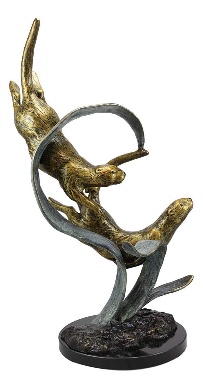 Ebros Gift Ebros Solid Brass Large Nautical Pacific Ocean 2 Sea Otters Swimming By Giant Seaweeds Kelp Forest Statue On Marble Base 19"Tall Museum Gallery Quality Marine Weasel Otter Figurine Coastal Decorative