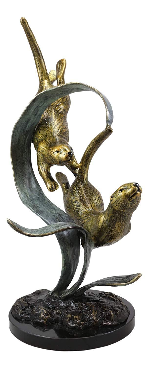 Ebros Gift Ebros Solid Brass Large Nautical Pacific Ocean 2 Sea Otters Swimming By Giant Seaweeds Kelp Forest Statue On Marble Base 19"Tall Museum Gallery Quality Marine Weasel Otter Figurine Coastal Decorative