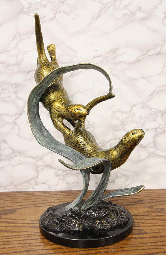 ebros gift Ebros Solid Brass Large Nautical Pacific Ocean 2 Sea Otters Swimming By Giant Seaweeds Kelp Forest Statue On Marble Base 19"Tall Museum Gallery Quality Marine Weasel Otter Figurine Coastal Decorative