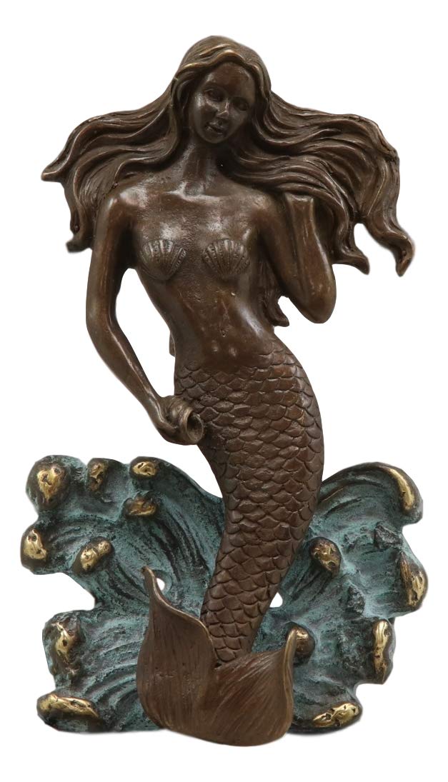 Ebros Gift Ebros Solid Brass Metal Hand Painted Bronze Color Nautical Siren Mermaid Surfing Above Sea Waves Door Knocker 6.75" High Decorative Coastal Ocean Goddess Sculpture