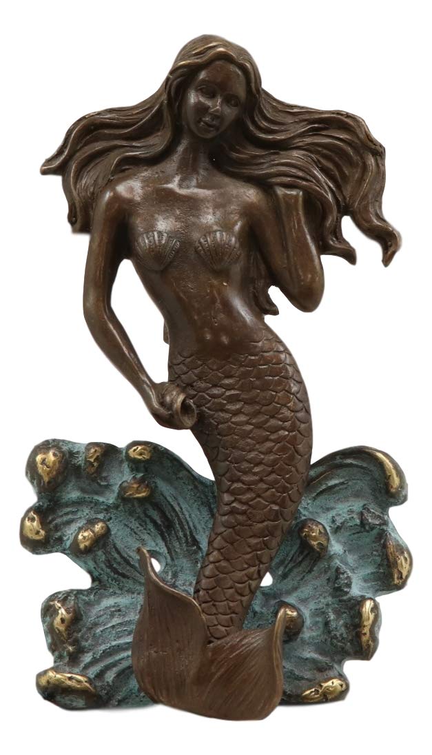 Ebros Gift Ebros Solid Brass Metal Hand Painted Bronze Color Nautical Siren Mermaid Surfing Above Sea Waves Door Knocker 6.75" High Decorative Coastal Ocean Goddess Sculpture