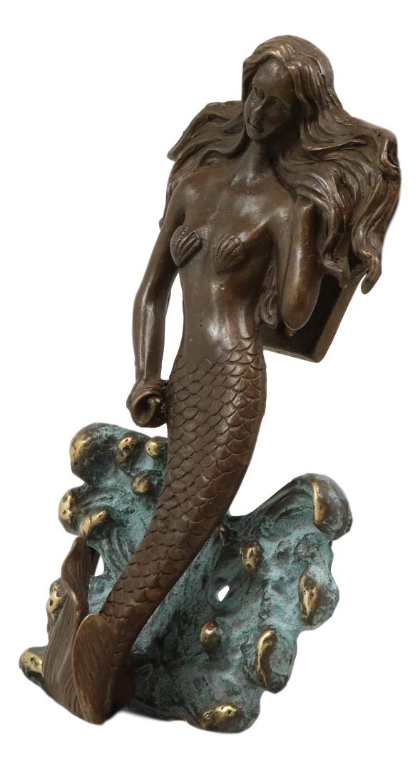 Ebros Gift Ebros Solid Brass Metal Hand Painted Bronze Color Nautical Siren Mermaid Surfing Above Sea Waves Door Knocker 6.75" High Decorative Coastal Ocean Goddess Sculpture