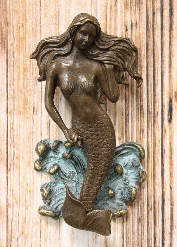 ebros gift Ebros Solid Brass Metal Hand Painted Bronze Color Nautical Siren Mermaid Surfing Above Sea Waves Door Knocker 6.75" High Decorative Coastal Ocean Goddess Sculpture