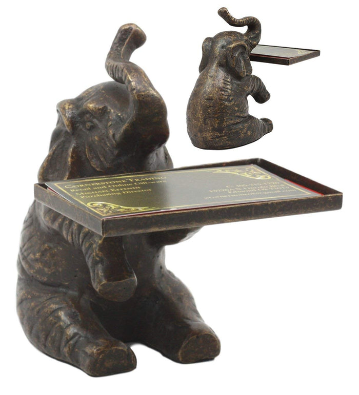 ebros gift Ebros Solid Brass Trumpeting Elephant Business Card Holder Statue 5.25"H Pachyderm Art