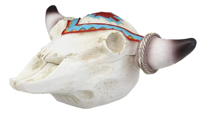 Ebros Gift Ebros Southwest Western Steer Bull Cow Skull With Tribal Navajo Design Jewelry Box Figurine Accent 10.5" Long DOD Day Of The Dead Macabre Skulls Trinkets Keys Knick Knacks Coins Storage Container