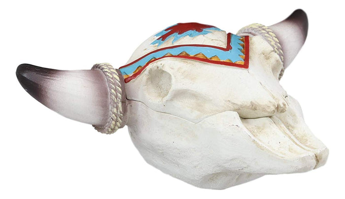 Ebros Gift Ebros Southwest Western Steer Bull Cow Skull With Tribal Navajo Design Jewelry Box Figurine Accent 10.5" Long DOD Day Of The Dead Macabre Skulls Trinkets Keys Knick Knacks Coins Storage Container