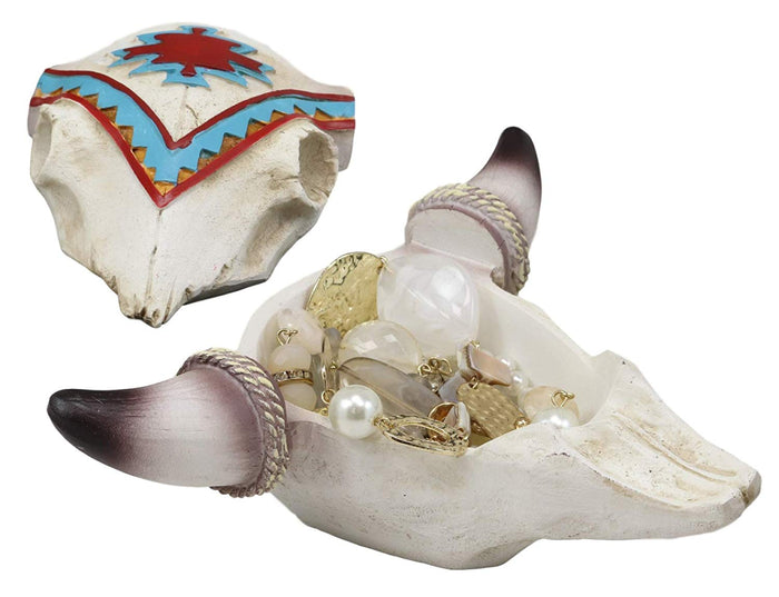 Ebros Gift Ebros Southwest Western Steer Bull Cow Skull With Tribal Navajo Design Jewelry Box Figurine Accent 10.5" Long DOD Day Of The Dead Macabre Skulls Trinkets Keys Knick Knacks Coins Storage Container