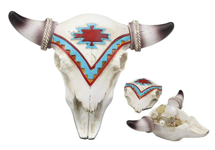 ebros gift Ebros Southwest Western Steer Bull Cow Skull with Tribal Navajo Design Jewelry Box Figurine Accent 10.5" Long DOD Day of The Dead Macabre Skulls Trinkets Keys Knick Knacks Coins Storage Container