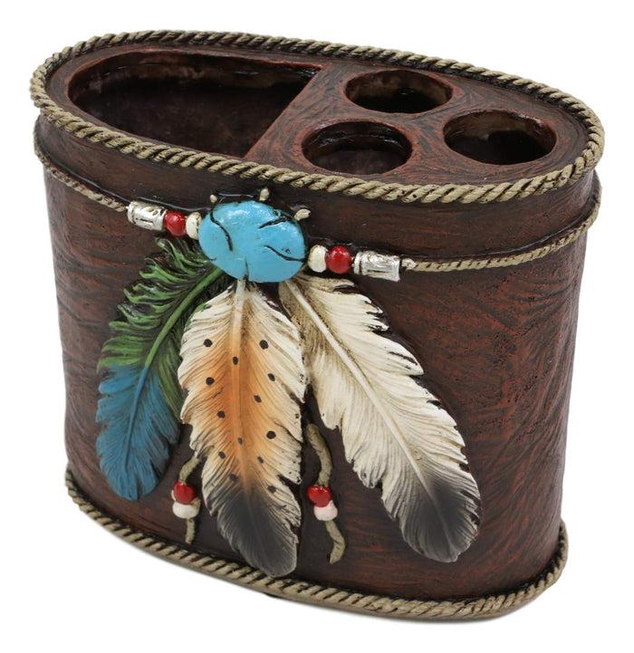 ebros gift Ebros Southwestern Tribal 3 Feathers Turquoise Stone and Beads Dream Catcher Design Bathroom Vanity Accent Figurine Decor Accessories (Toothbrush and Toothpaste Holder)