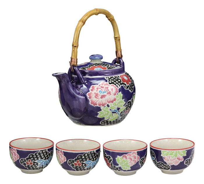 Ebros Gift Ebros Space Purple Victorian Colorful Large Floral Blooms 25oz Tea Pot With 4 Cups Set