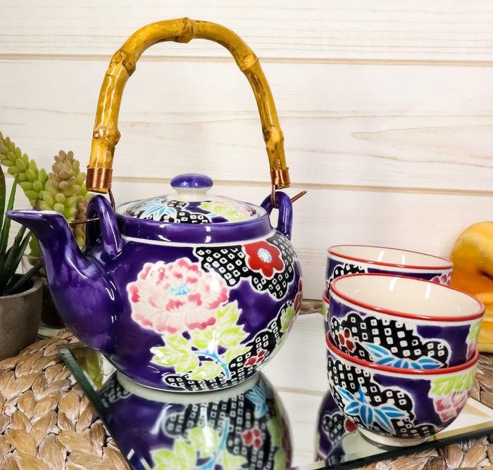 ebros gift Ebros Space Purple Victorian Colorful Large Floral Blooms 25oz Tea Pot With 4 Cups Set